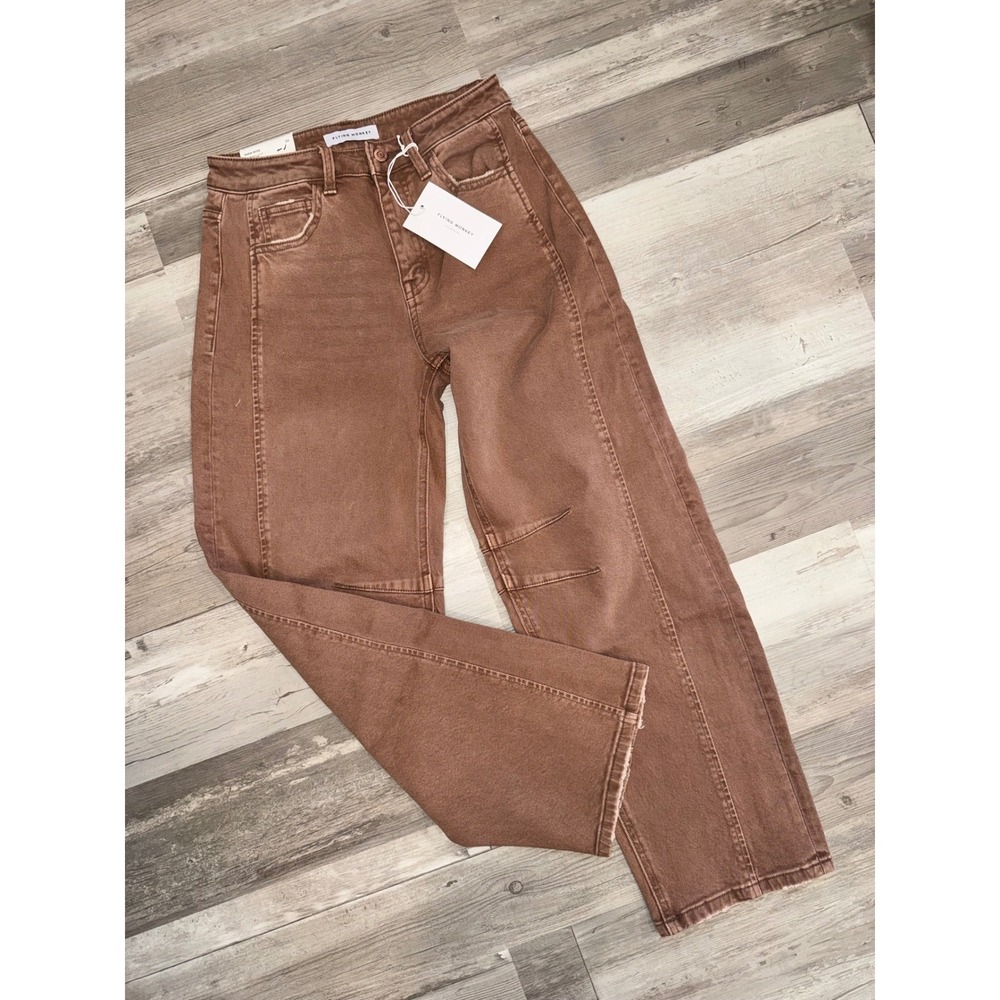 Flying Monkey Barrel Fit Jeans Women Brown High Rise Seam Detail Size 26 NWT